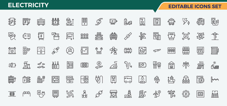 Electricity line icon set. Includes thin line symbols charger, charging station, solar power, energy, eco, charge and more. Solar Power icon. Thin linear style icons. Editable vector illustration.