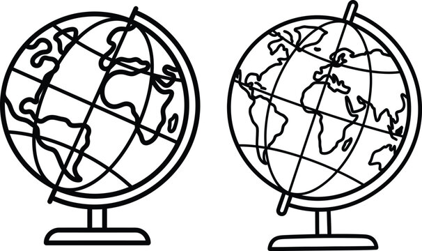 Pair of outline globe illustrations on stands with geography education illustration exploration international learning classroom