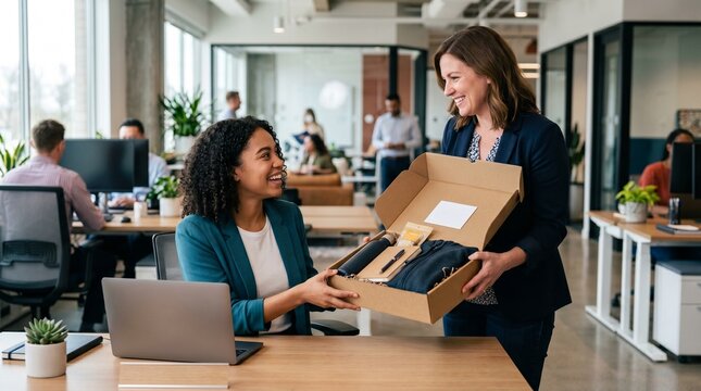 Two smiling women in an office setting exchanging a gift box containing merchandise like a jacket and water bottle