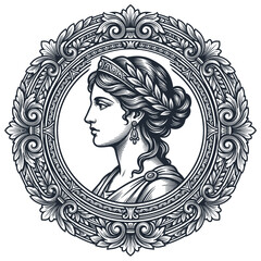 Ornate circular frame with classical goddess profile portrait. © Tuki