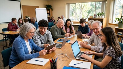 Obraz premium Diverse group of people of all ages learning and using technology together in a classroom setting