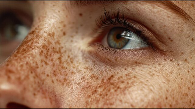 Close up of a womans eye and freckled skin.