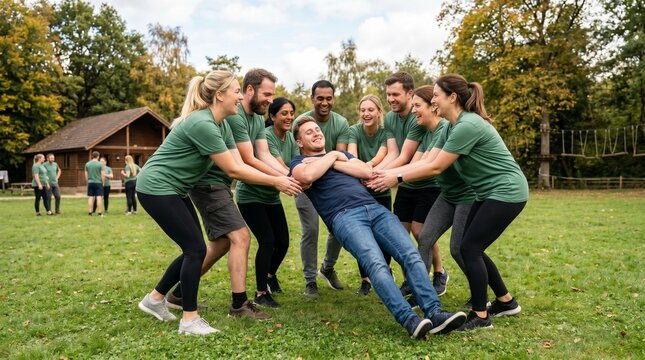 Diverse group of friends playing trust fall game outdoors in a park with a wooden cabin in the background