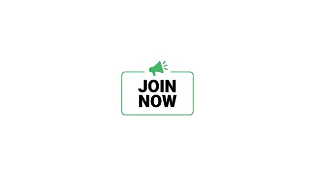 A green megaphone icon with a rectangular box and the words join now in bold black letters on a white background