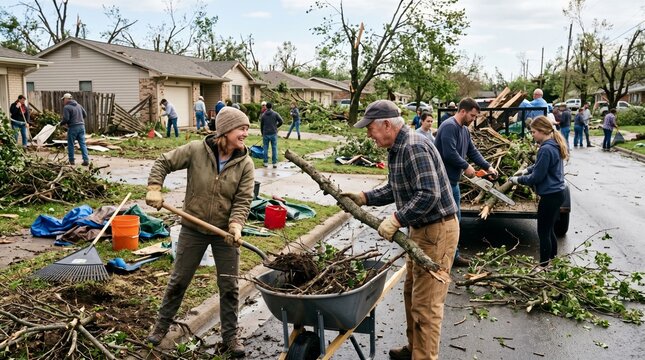 Community members clean up storm debris after a tornado damages neighborhood homes and trees
