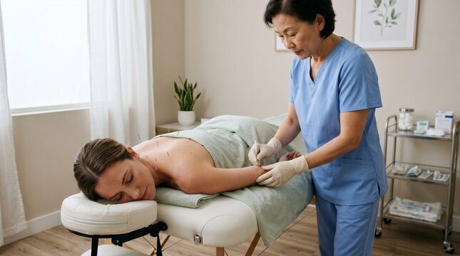 Acupuncturist performing treatment on a patient lying on a massage table with needles inserted into her back and arm