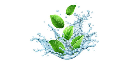 Fresh mint leaves splashing in water isolated on transparent background © Dilshad