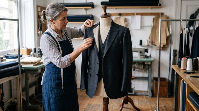 Experienced seamstress meticulously fitting a dark grey suit jacket on a mannequin in a well-lit tailor shop with sewing equipment