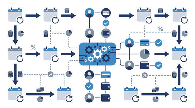 Fintech Automated Billing Architecture Map with Recurring Calendar Scheduling and Multi User Data Flow Concept