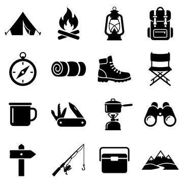 Camping And Outdoor Adventure Icons Flat Silhouette Style