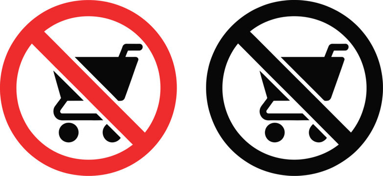 No shopping, cart icon, prohibition sign with crossed cart symbol for e-commerce restriction warning and shopping limitation concept.