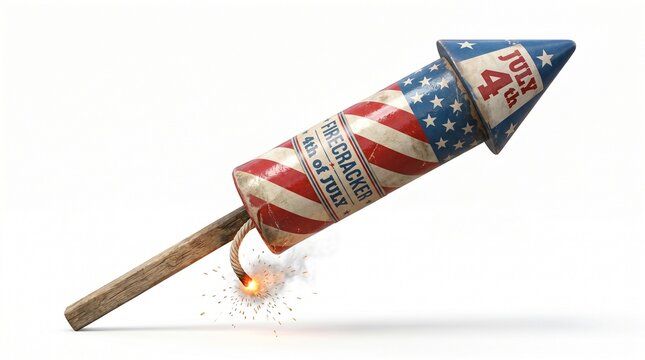 3D render of patriotic 4th of July firecracker rocket isolated on white