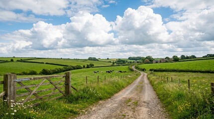 Fototapeta premium Country lane winding through green pasture with grazing cows under dramatic cloud filled sky. rustic gate and gravel track lead toward distant hedgerows and rolling farmland horizon.