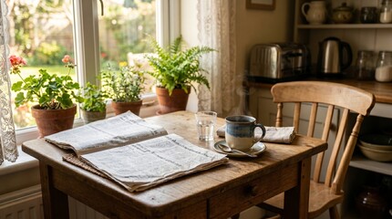 Fototapeta premium Cozy morning scene with coffee newspaper and plants by the window in a rustic kitchen