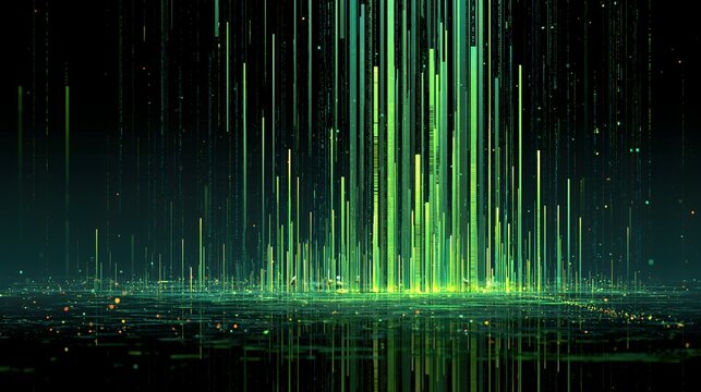 A matrix style digital rain background showing abstract vertical glowing green code lines falling down on a dark reflective surface representing high data flow