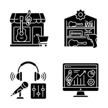 Music Store And Production Black Icons Set Silhouette Style