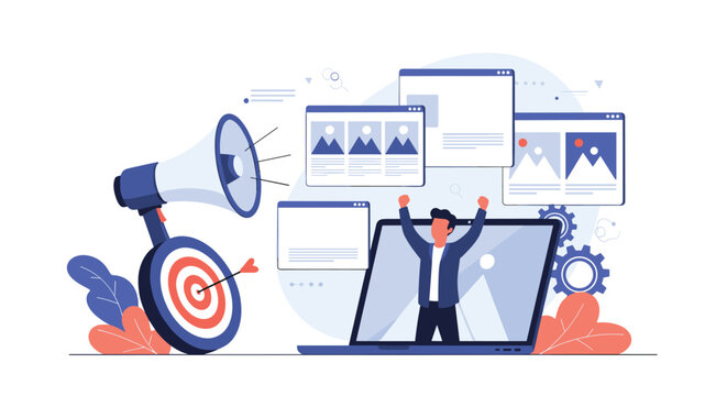 Business professional emerging from a laptop with a megaphone to reach a target audience through digital marketing.