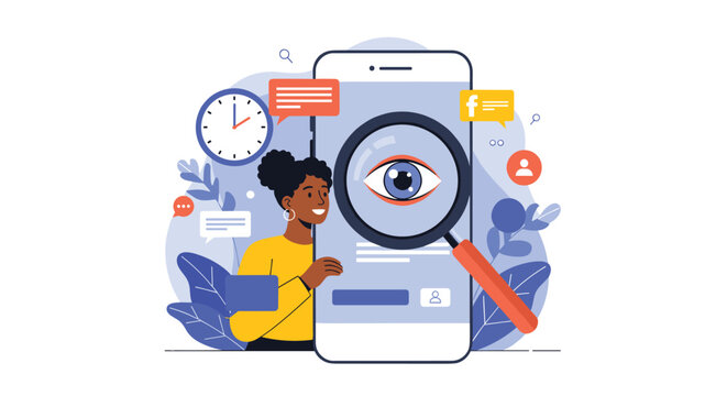 Digital surveillance and privacy monitoring concept with woman using magnifying glass to inspect personal data on smartphone.