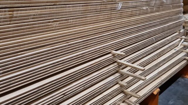 Wooden lining made of softwood in bundles. A stack of wooden panels (lining) made of natural softwood, packed in transparent film. Building materials for finishing walls and ceilings in a warehouse