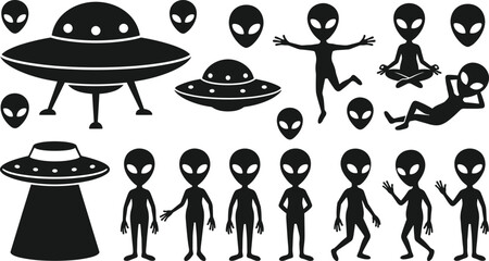 Alien character silhouettes set with flying saucers isolated on white background collection © Mst Salma Khatun