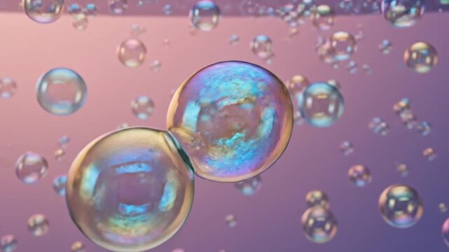 Iridescent soap bubbles floating on purple background