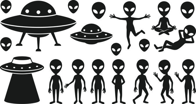 Alien character silhouettes set with flying saucers isolated on white background collection