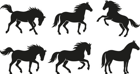 Dynamic horses in motion black silhouette set active running and rearing equestrian poses © Mst Salma Khatun