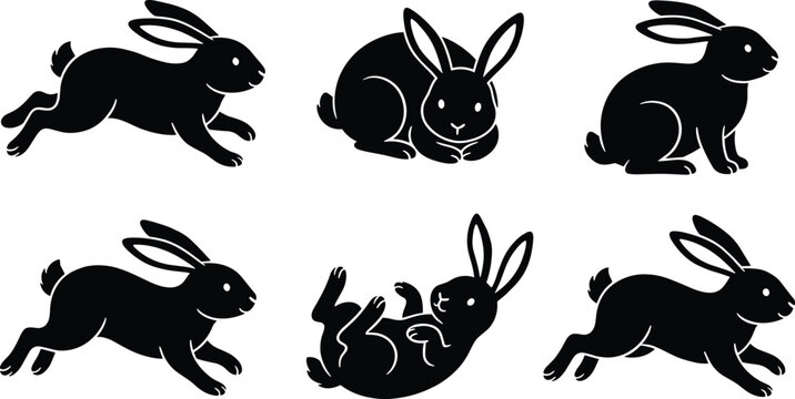 Cute bunny rabbits in various playful poses black silhouette on white background