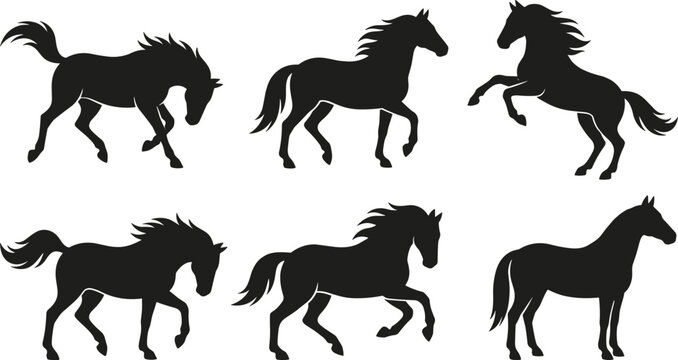 Dynamic horses in motion black silhouette set active running and rearing equestrian poses