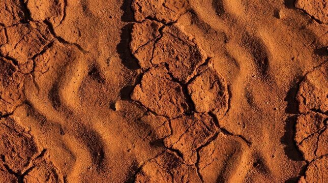 Top view of arid cracked red earth desert surface with dry sand texture and natural soil fissures