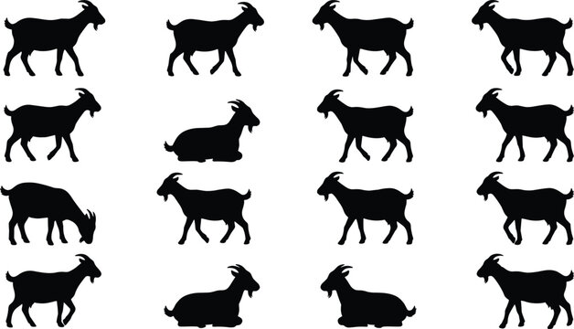 Goat silhouette collection including various breeds and poses on white background vector