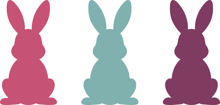 Three colorful silhouette bunnies isolated on white background looking back