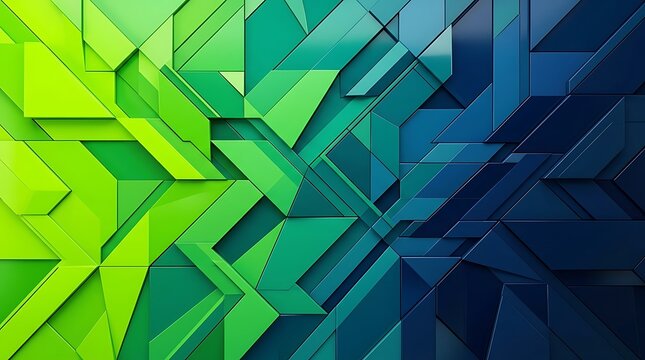 Abstract geometric background with interlocking polygonal shapes transitioning from vibrant green to deep blue hues