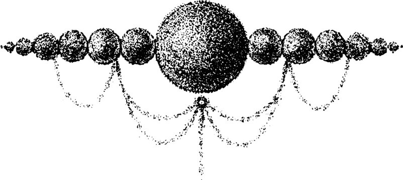 Beaded sphere with hanging chains on white background
