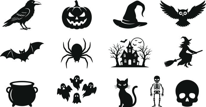 Vector halloween silhouettes featuring owl witch cat skeleton and pumpkin head for decorations