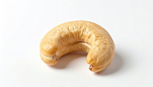 Single light-brown cashew nut, kidney-shaped, on a white background