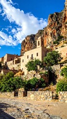 Fototapeta premium Historic Cliffside Church and Stone Village Buildings Beneath Rocky Mountain