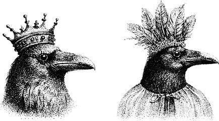 Naklejka premium Crow heads wearing crowns facing opposite directions on plain background