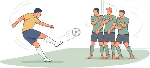 Fototapeta premium Soccer player taking a free kick against a defensive wall on the field, illustration,