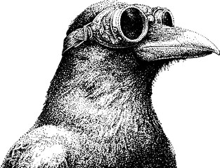 Naklejka premium Raven wearing steampunk goggles in plain white background
