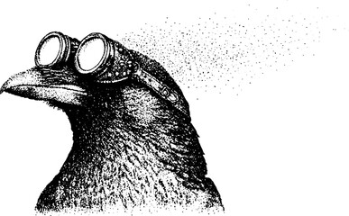 Naklejka premium Crow wearing round goggles looking left on white background