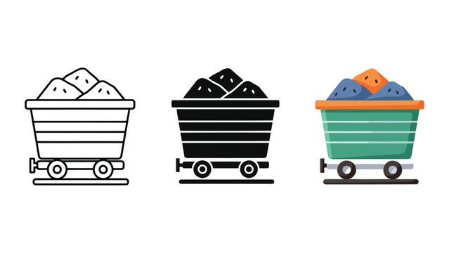 Mining cart vector illustration set with outline silhouette and flat design styles