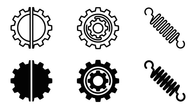 Industrial mechanical components icon set featuring gear wheels and metal coil spring mechanism mechanical industry