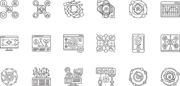 Quantum Computing Network Distributed Ledger and Data Analytics Interface Icon Set