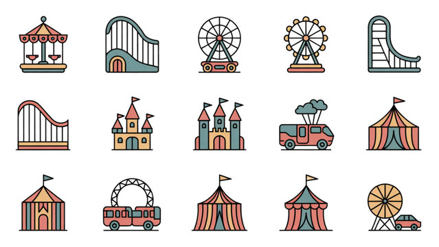 Set of diverse cartoon houses with chimneys and rooftops icons