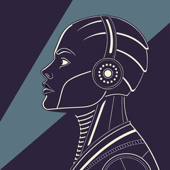 Profile portrait of a futuristic robot with headphones technology artificial intelligence headphones portrait © Creative Pixel Lab