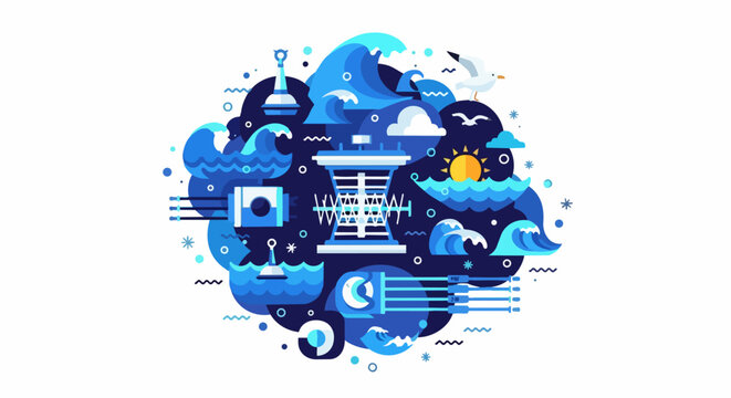 Tidal and Wave Energy Renewable Power Illustration. Flat Vector Concept for Sustainable Ocean Energy and Marine Technology.