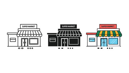 Naklejka premium Supermarket building vector illustration set with outline solid and flat design styles