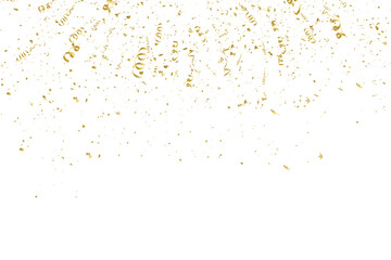 Obraz premium Vector 3D gold confetti and ribbon background PNG. Isolated celebration design element with golden streamers.
