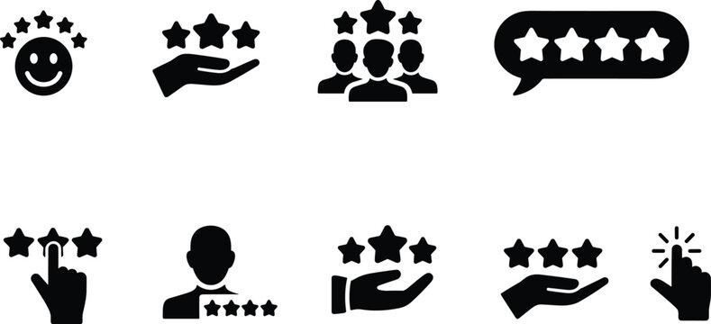 Customer review icons, star rating symbols, testimonial feedback badges, user satisfaction evaluation graphic elements on white background